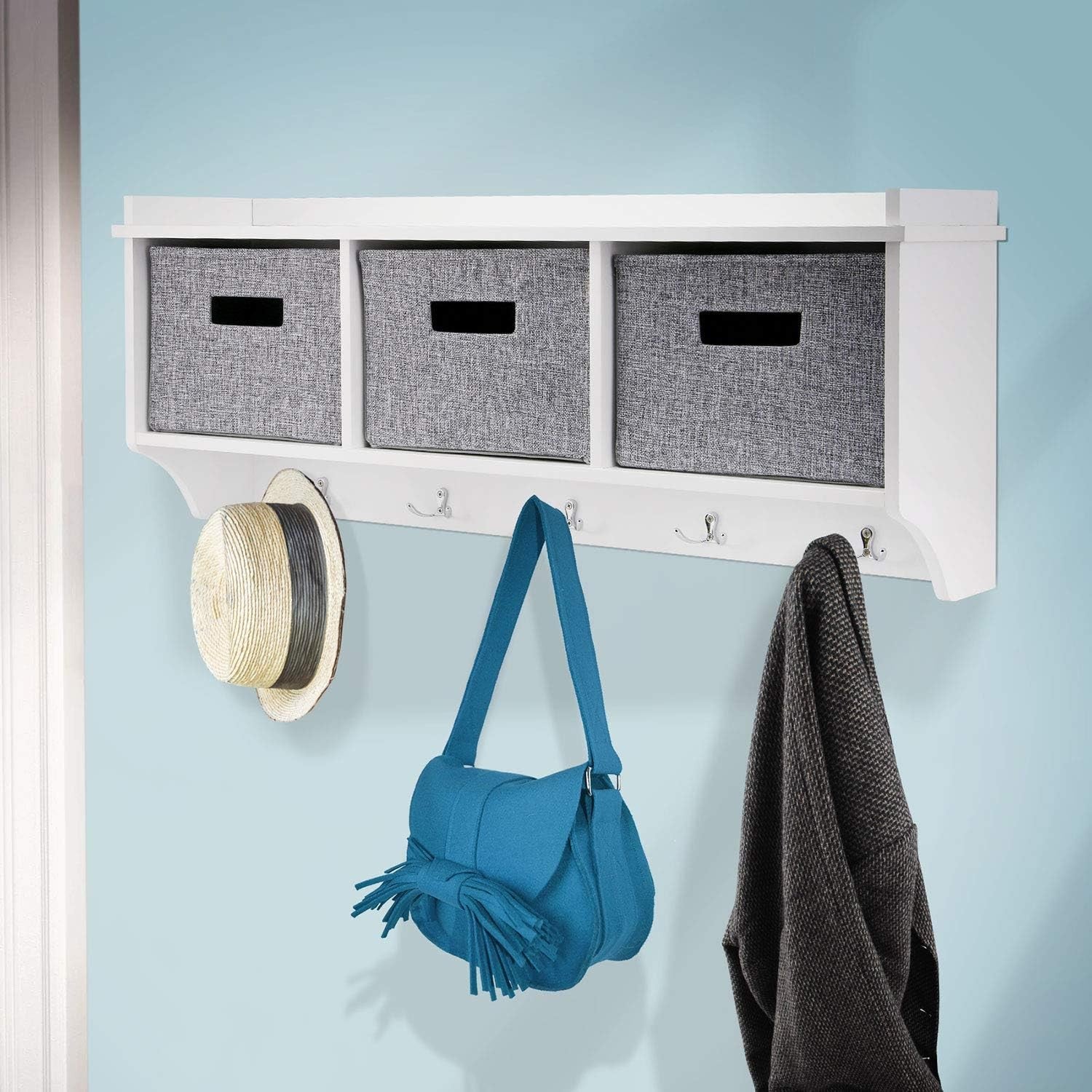 Wood Wall Coat Rack with 5 Hooks & 3 Fabric Baskets Entryway Storage Shelf
