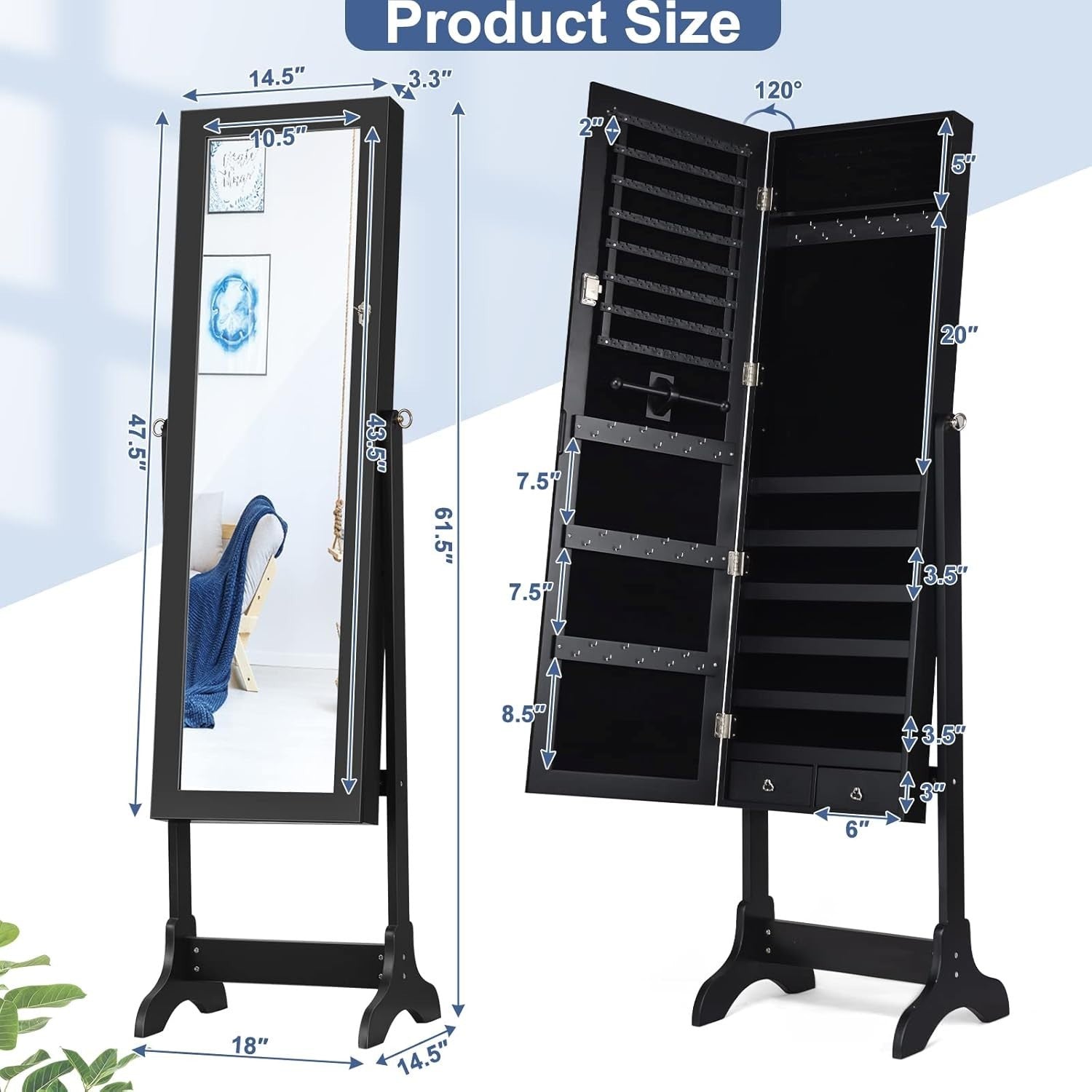 Lockable Standing Jewelry Armoire Full Length Mirror Large Storage Black