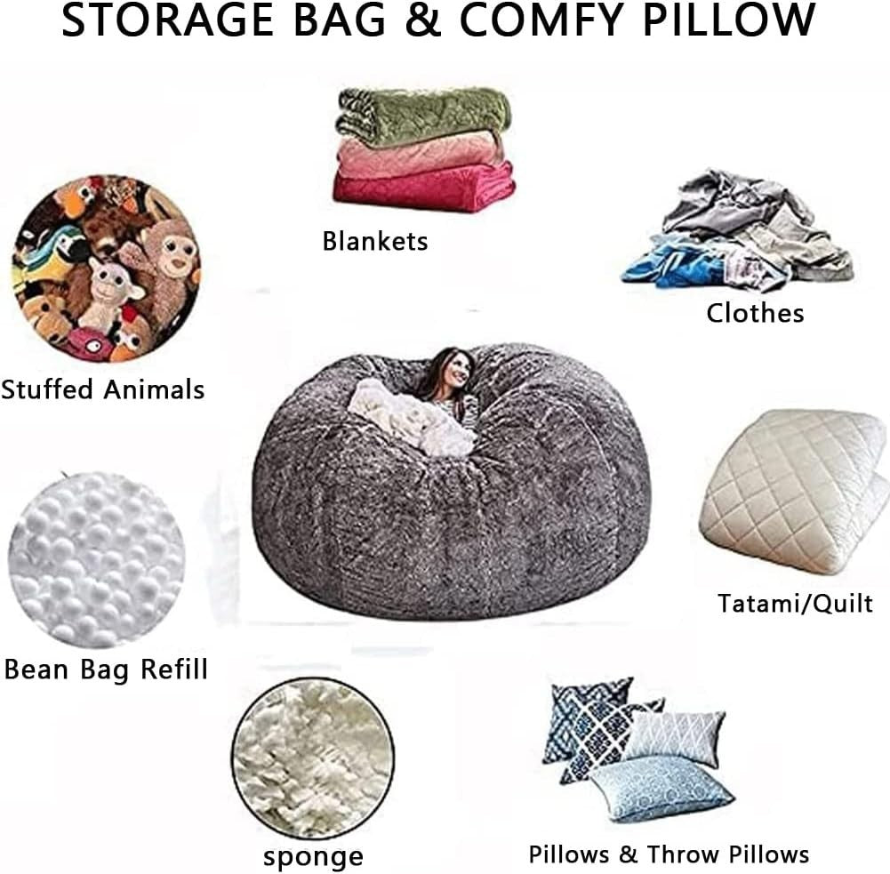 White Giant Faux Fur Bean Bag Chair Cover Ultra Soft Fluffy 5ft Seat Sofa