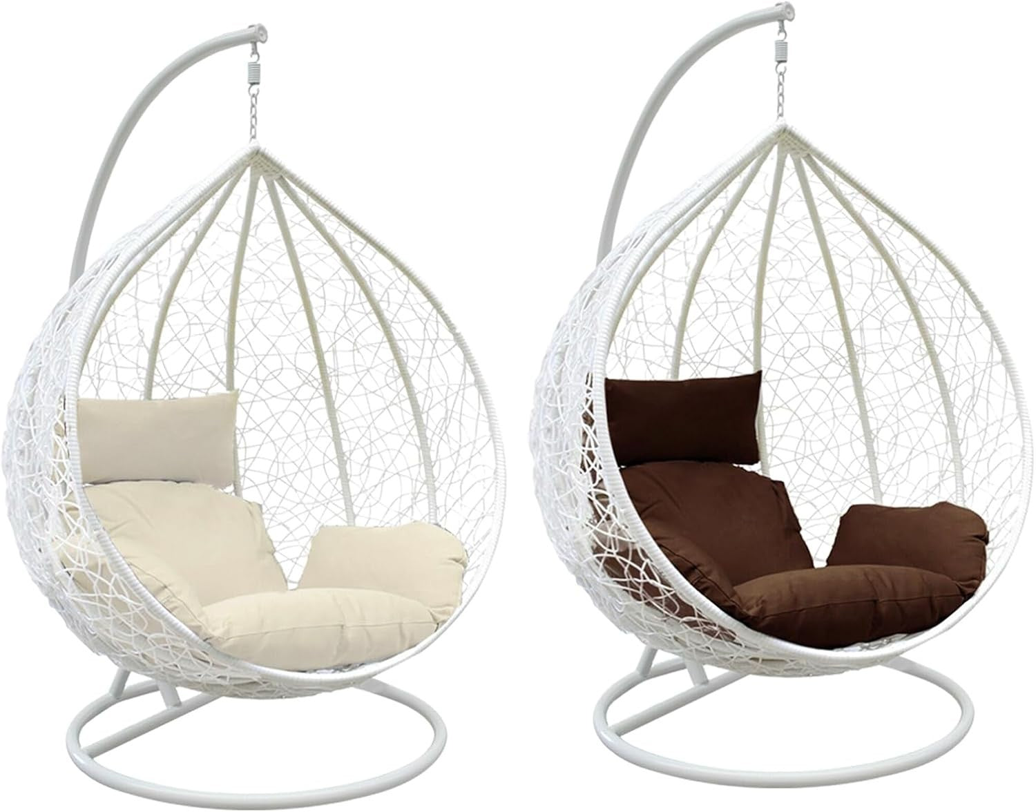 White Rattan Hanging Egg Chair with Stand & Cushion for Indoor Outdoor