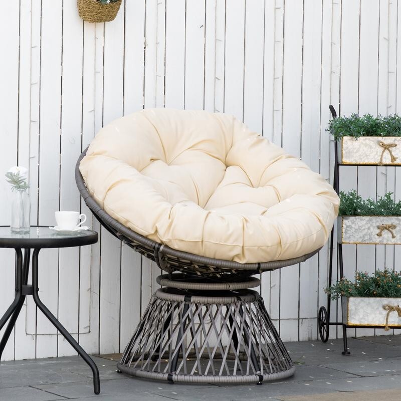 Rattan Swivel Papasan Chair Outdoor Round Wicker Seat w/ Cushion Beige 360°