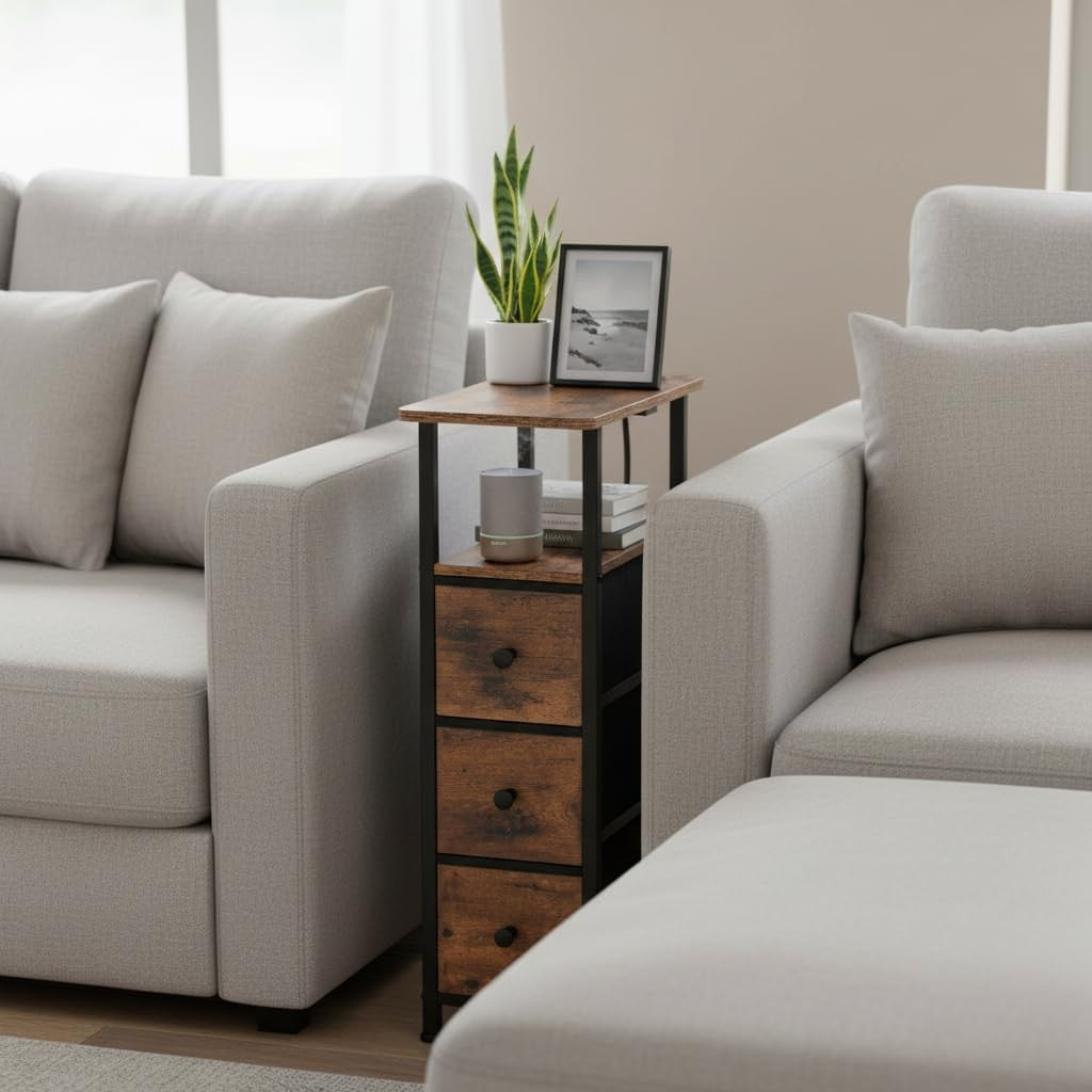 Slim Bedside Tables Set of 2 with Charging Ports, Storage Drawers & Shelf