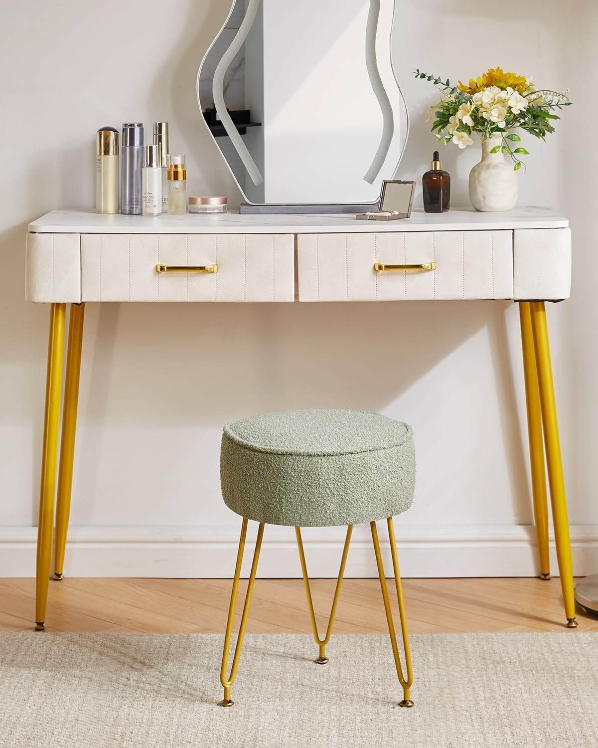 Teddy Velvet Round Footrest Ottoman – Makeup Vanity Stool with Steel Legs