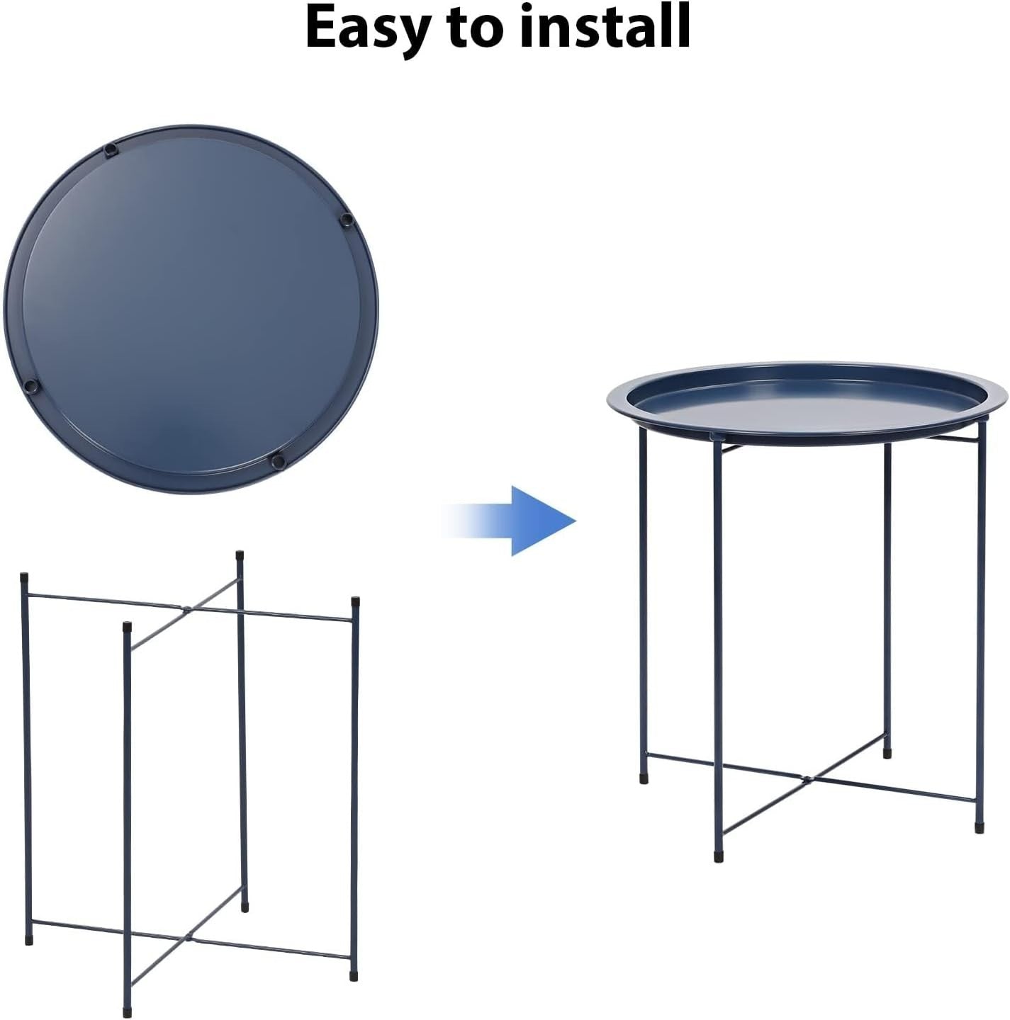 Round Tray Side Table with Removable Tray – 47x50cm Gray Blue Metal Table