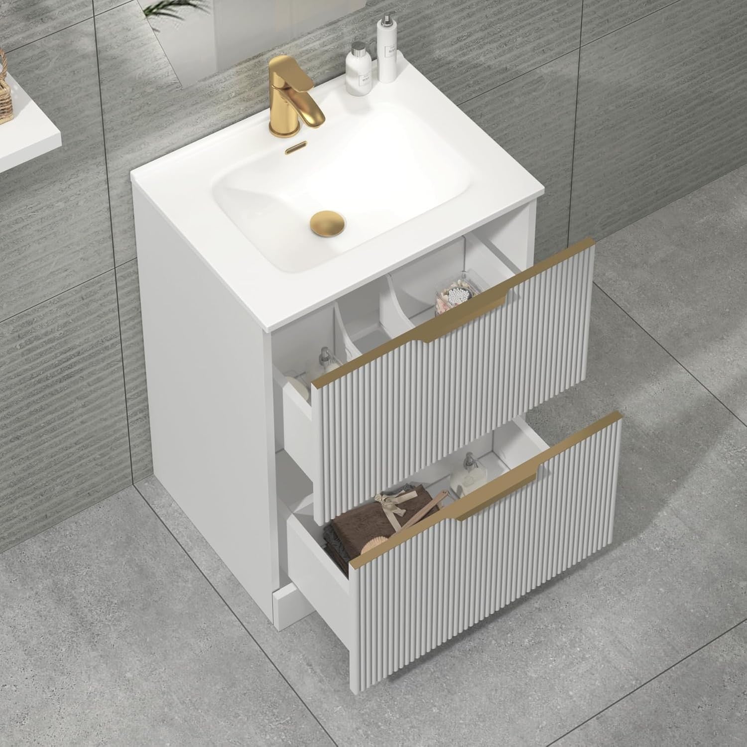 White 600mm Fluted Bathroom Vanity Unit with Basin & Brass Handles Modern