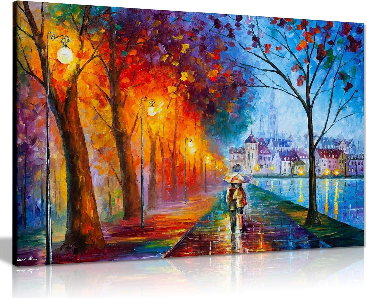 Large Lakeside City Canvas Wall Art Colourful Pathway Modern Home Decor