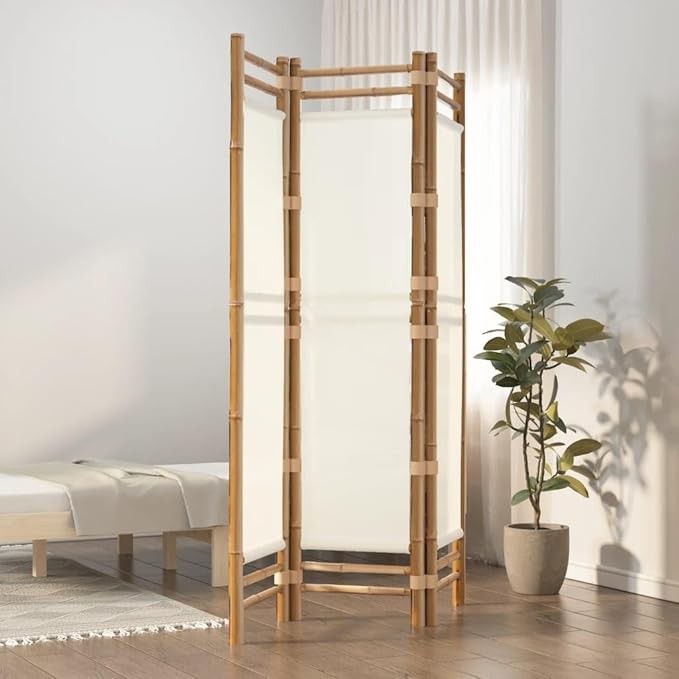 Cream Bamboo & Canvas Room Divider 120x180cm 3-Panel Folding Privacy Screen