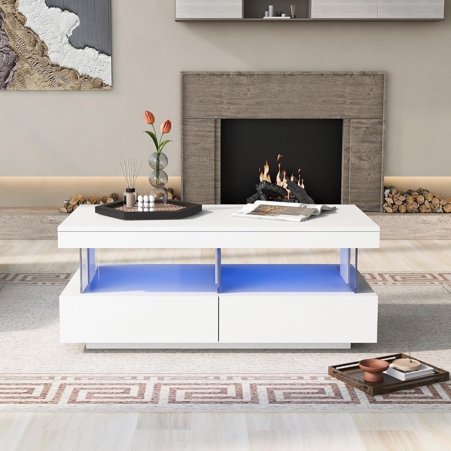 White LED Coffee Table with 2 Drawers & Open Storage, High Gloss 100x60cm