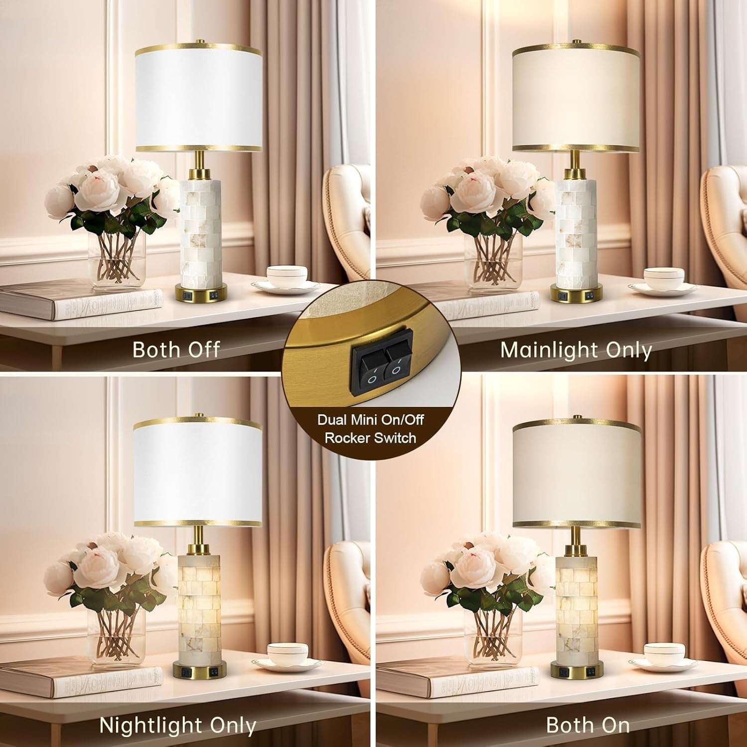 Set of 2 Natural Alabaster Table Lamps with USB Charging & Night Light