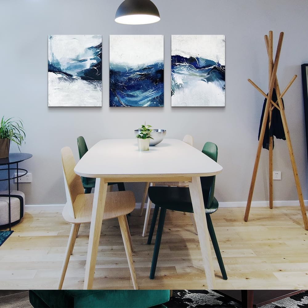 3Pcs Large Navy Blue Abstract Canvas Wall Art – Modern Living Room Decor