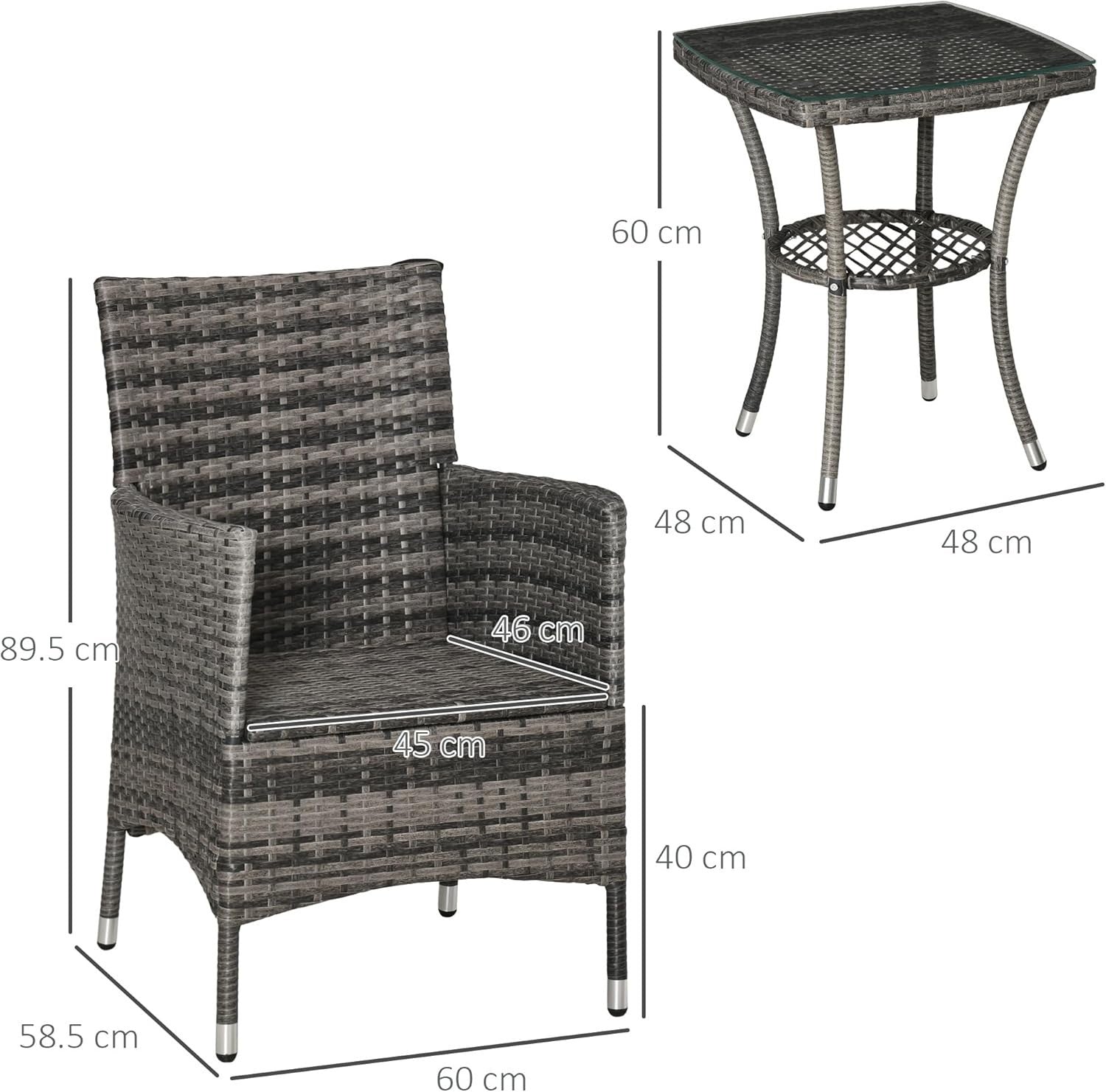 Compact Rattan Bistro Set 2 Chairs Table Cushioned Balcony Patio Seating