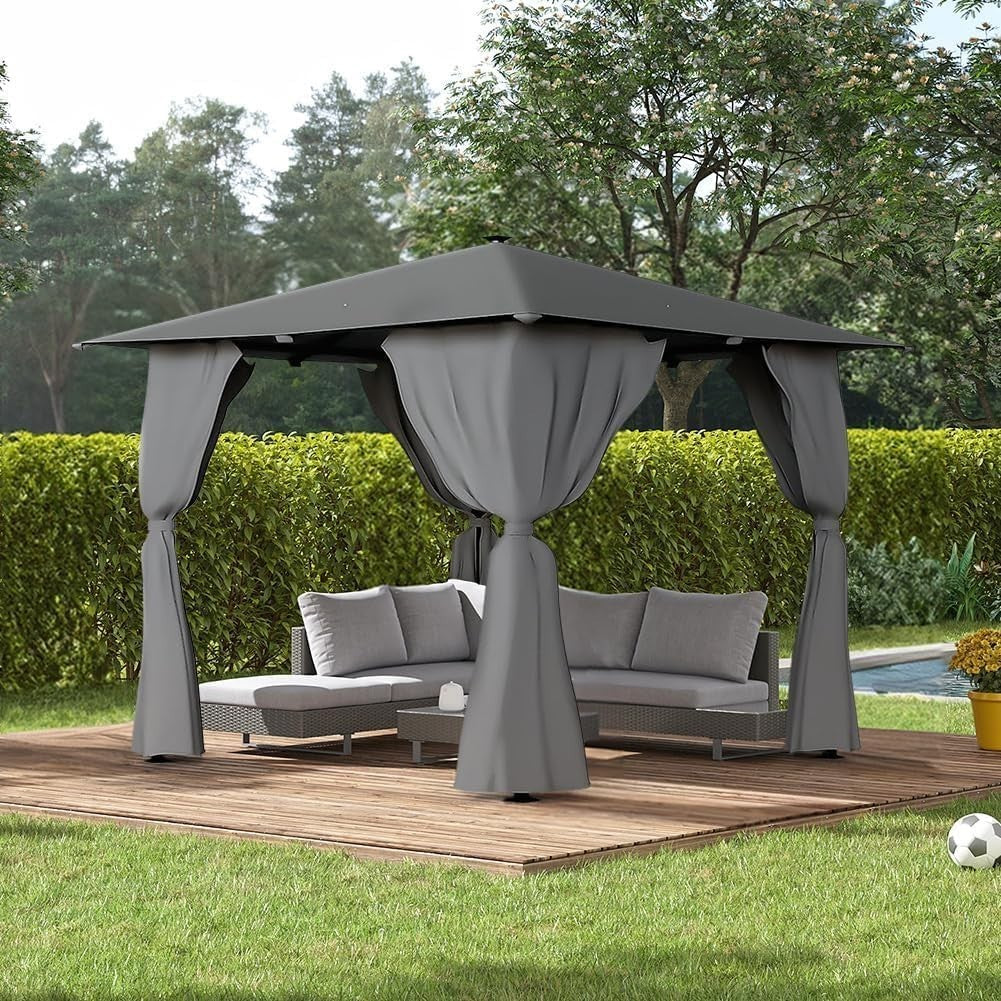 3x3M Metal Gazebo With Solar LED Lights & Curtains Outdoor Garden Patio Canopy