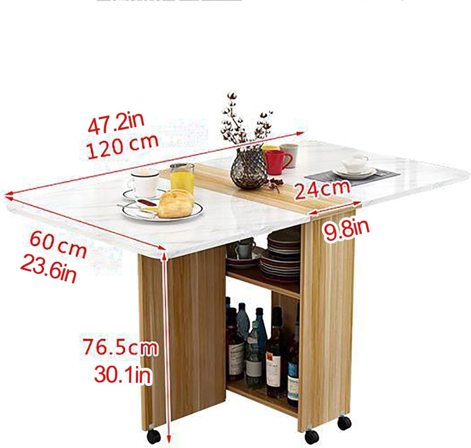 Space-Saving Rectangular Drop Leaf Dining Table with Wheels & Storage