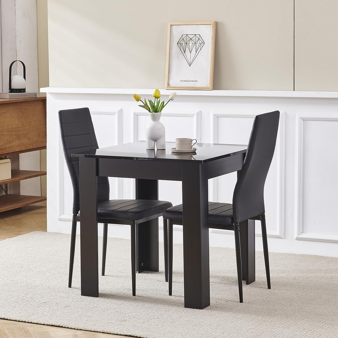 Space-Saving Black PU Chairs Square Wooden Table 3pc Compact Dining Set