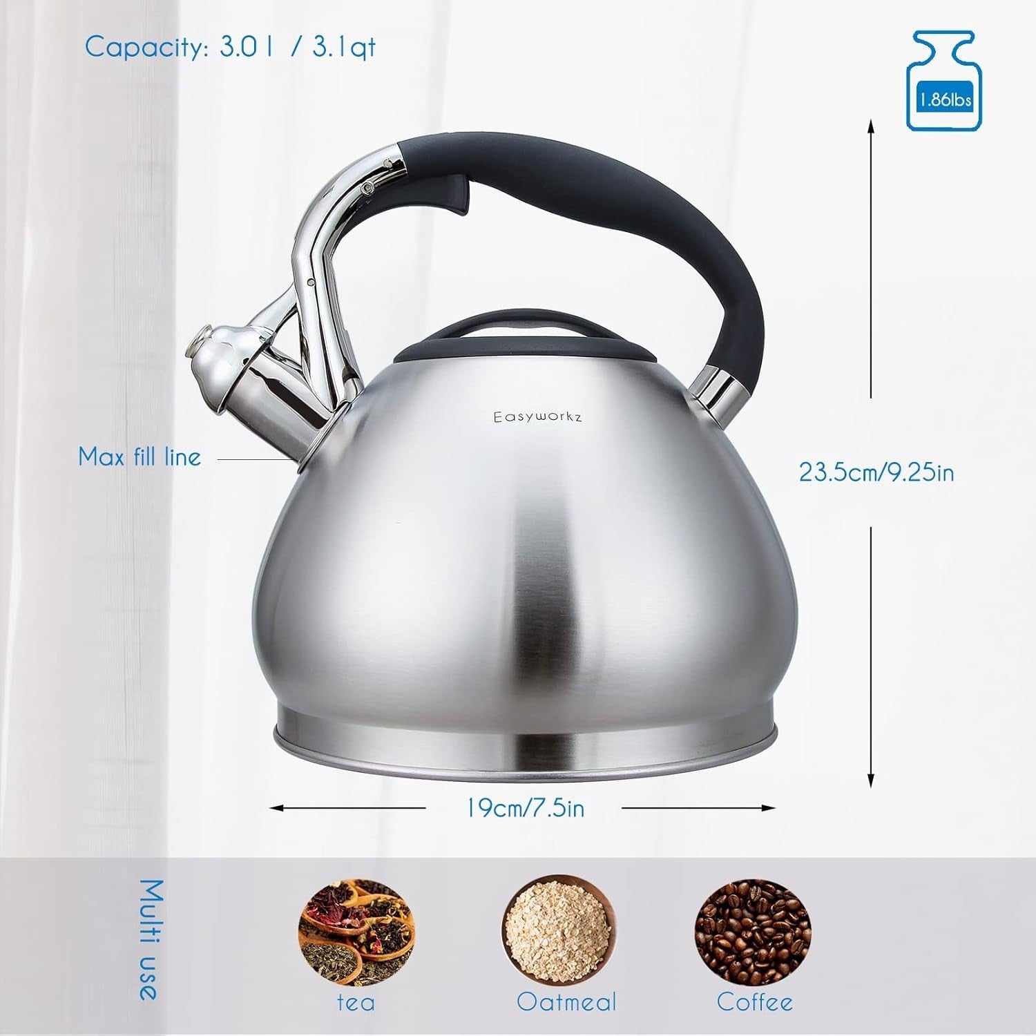 3L Stainless Steel Whistling Tea Kettle Stovetop Induction Safe Pot