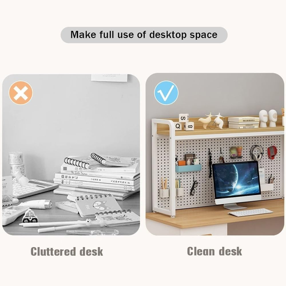 Metal Desktop Bookshelf Hutch w/ Grid Board | Industrial Desk Storage Rack 76cm