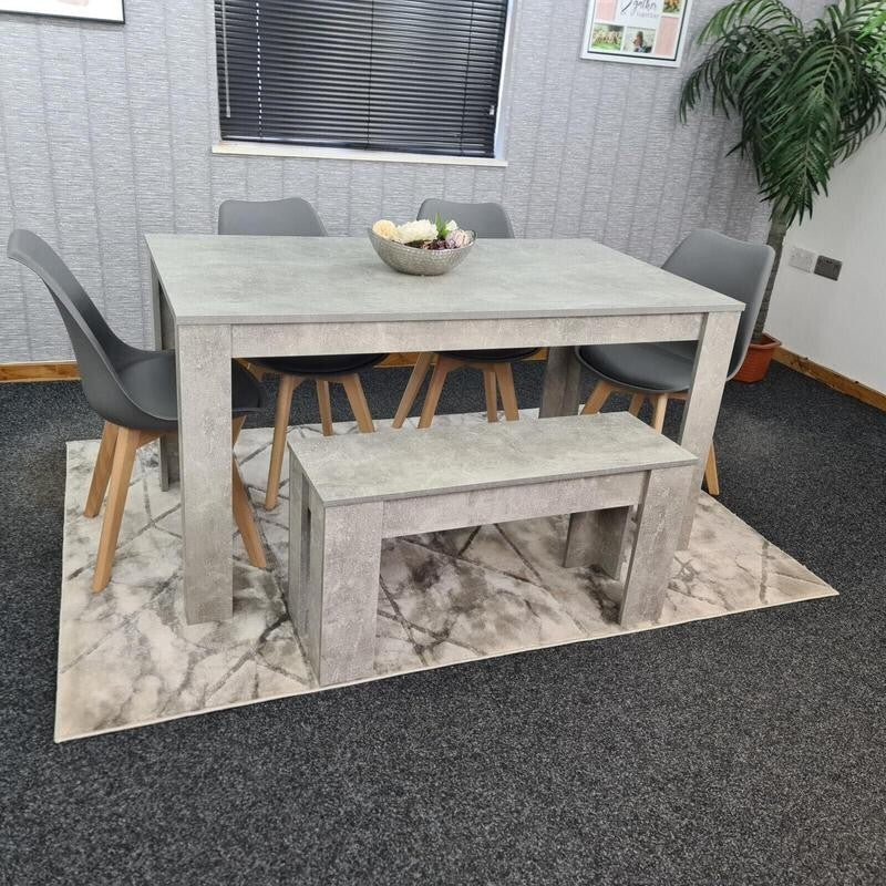Stone Grey Dining Table Set with 4 Grey Chairs & Bench, 6 Seater Kitchen