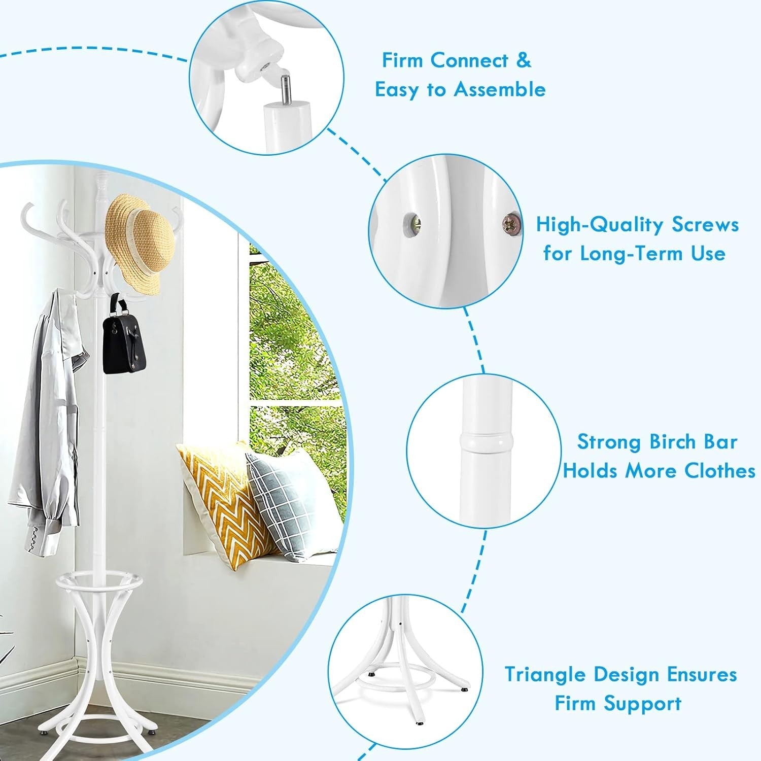 White Solid Wood Coat Rack with 12 Hooks & Umbrella Holder | Freestanding Hall