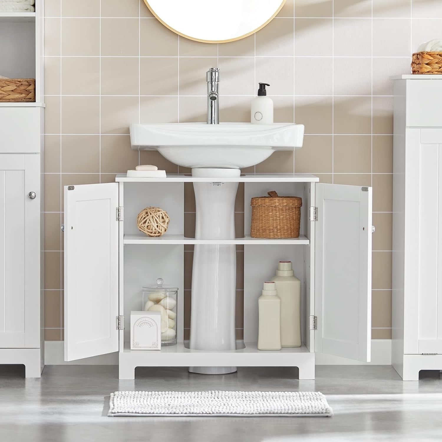 White Under Sink Bathroom Cabinet 2 Door Storage Unit – Modern, MDF, 60cm