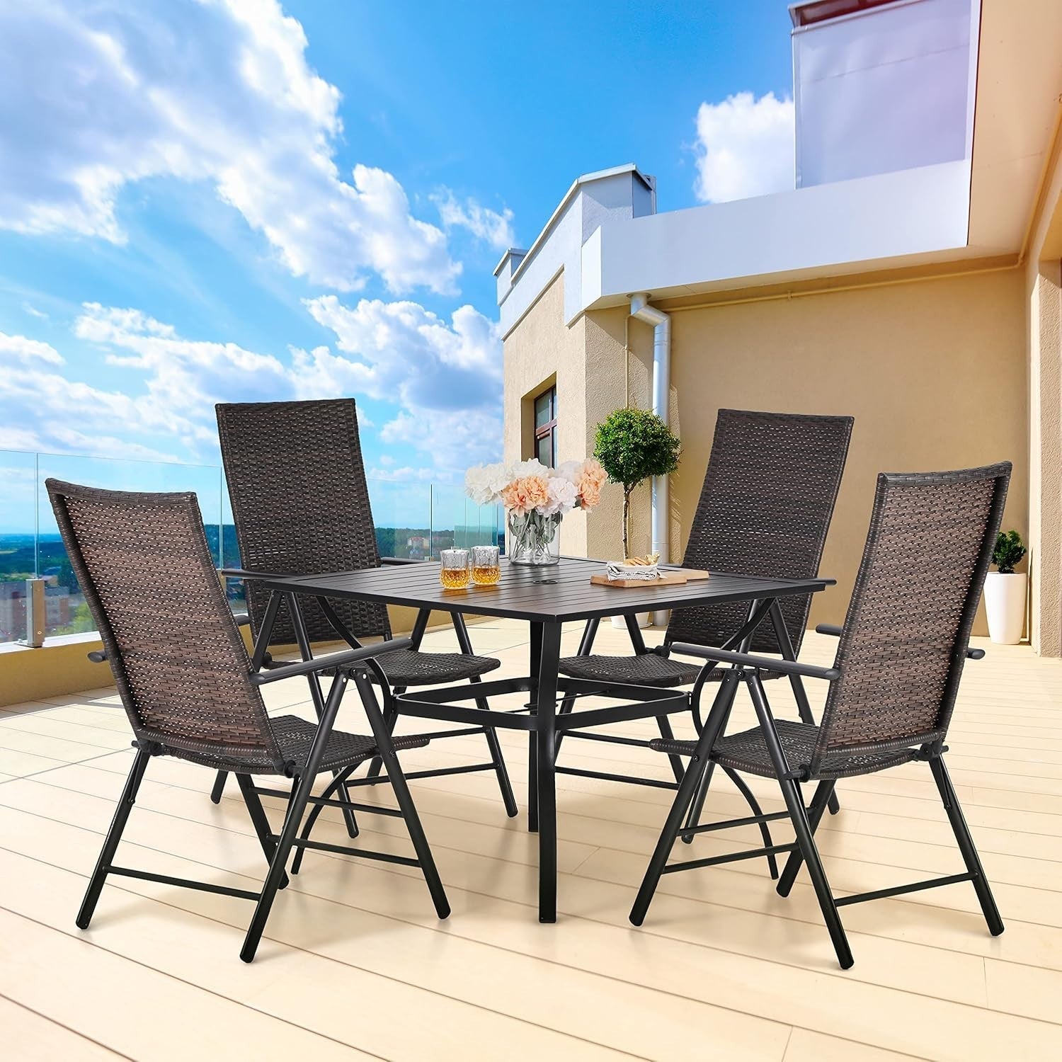 Folding Rattan Garden Chairs Set of 6 Adjustable High Back Patio Dining Seats