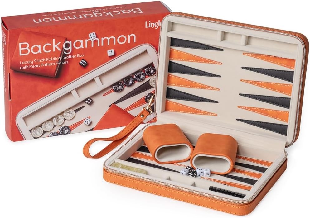 9.4 Inch Travel Backgammon Set Faux Leather Folding Board Portable Game