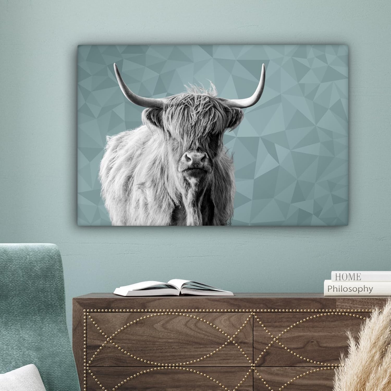 Highland Cow Canvas Wall Art 60x40cm Black White Modern