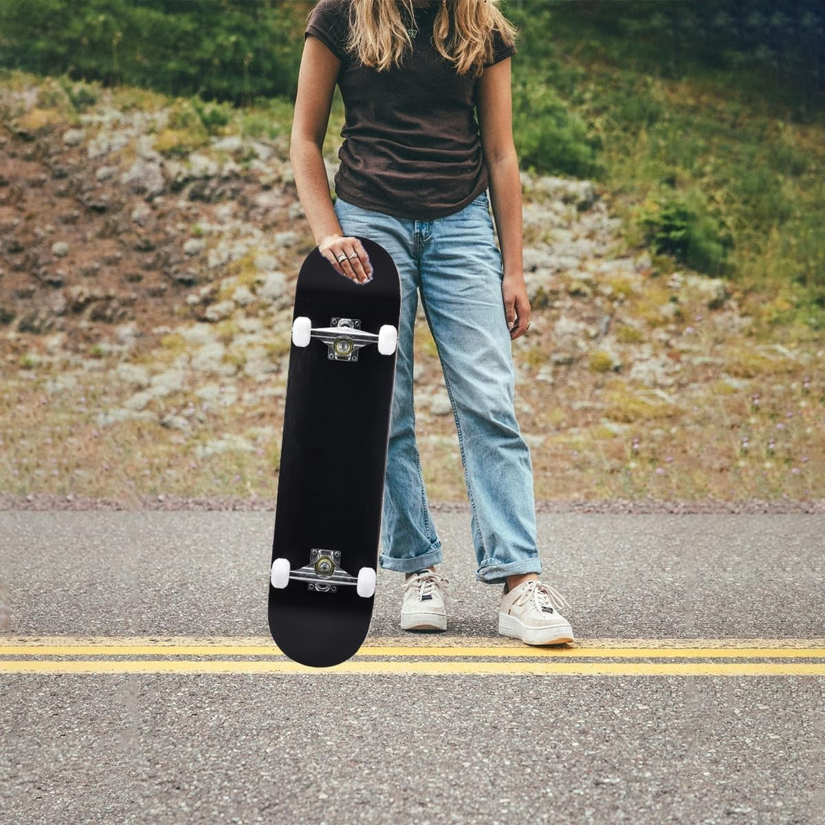31in Beginner Skateboard Double Kick Maple Deck All Black Kids Adults + Tool