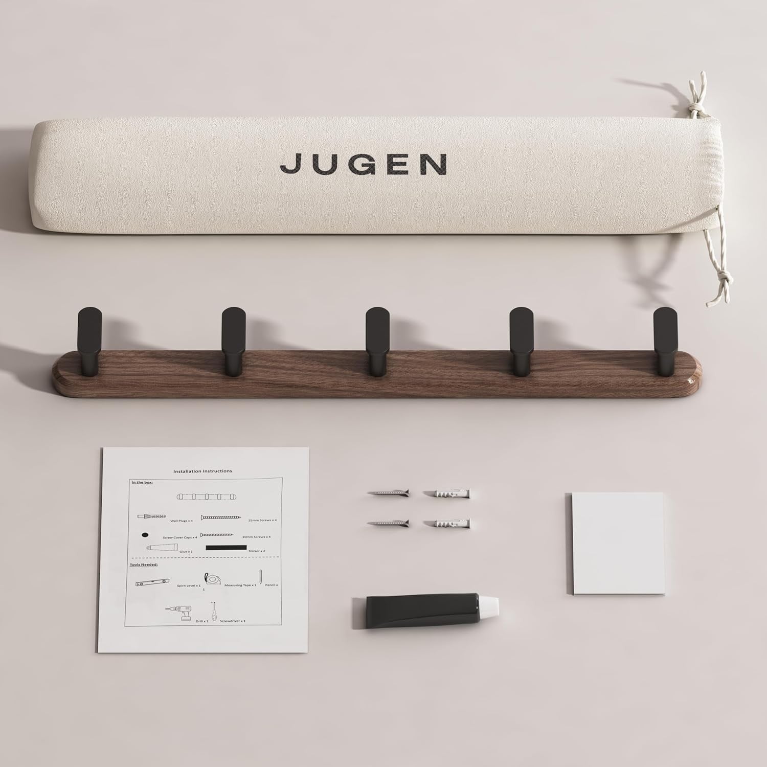 Black Walnut Wall Mounted Coat Rack | 45cm Solid Wood Hooks for Coats & Bags
