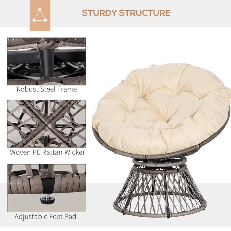 Rattan Swivel Papasan Chair Outdoor Round Wicker Seat w/ Cushion Beige 360°