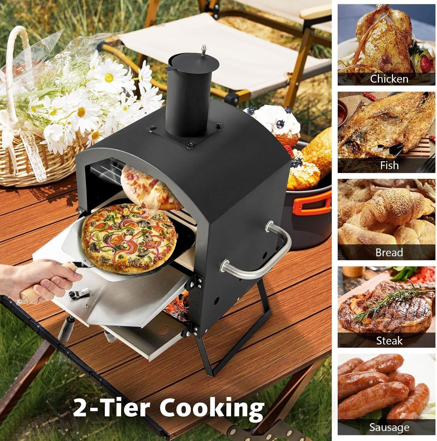 Wood Fired Outdoor Pizza Oven 2-Layer Stone BBQ Cooker with Cover & Peel