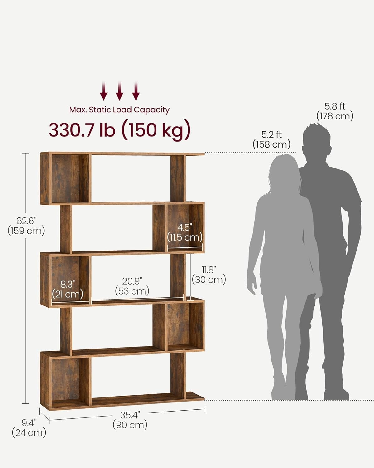 5 Tier S Shaped Bookcase Rustic Brown Bookshelf Storage Unit 90cm Wide