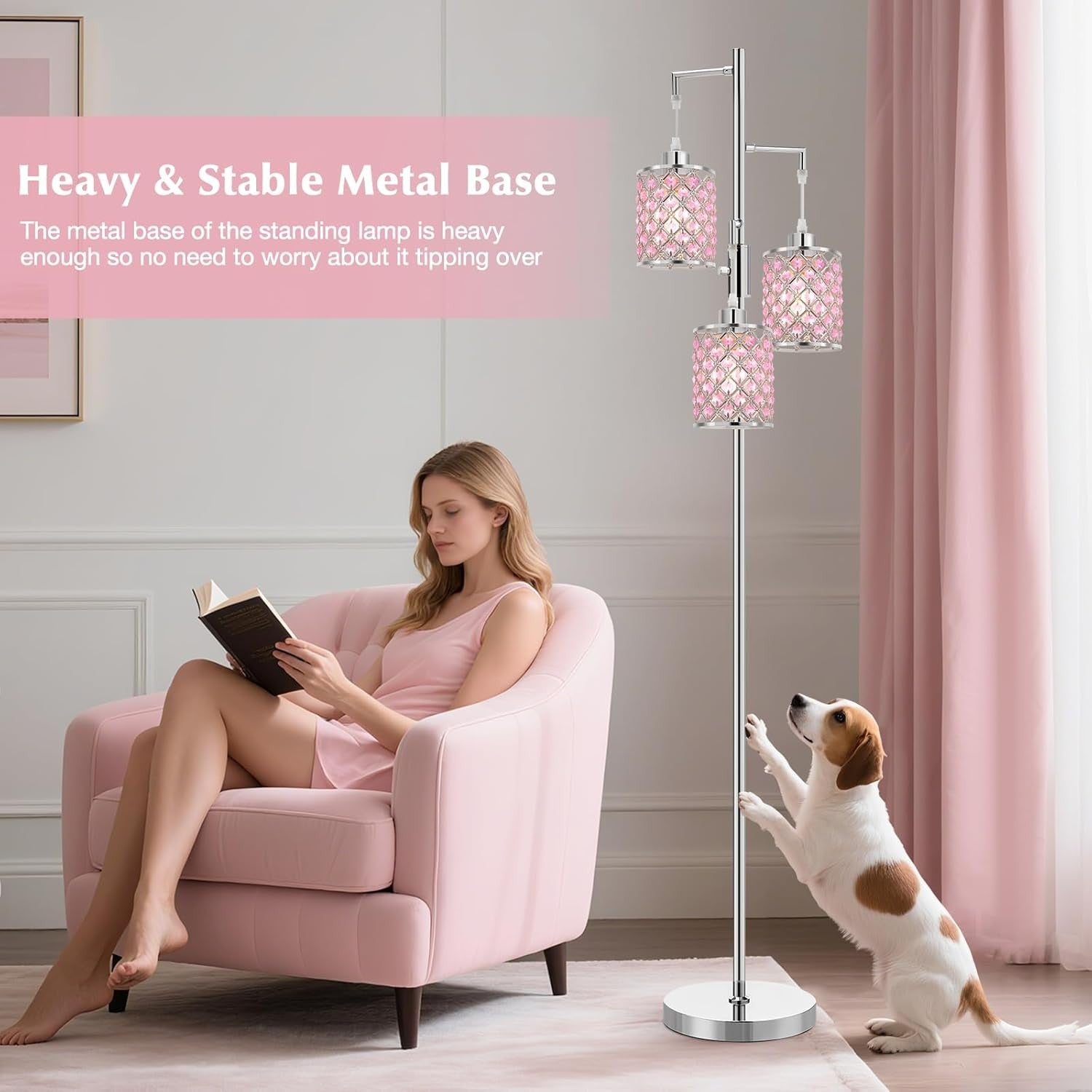 Crystal Floor Lamp 3 Light Pink Standing Lamp Tall Luxury Bedroom Light