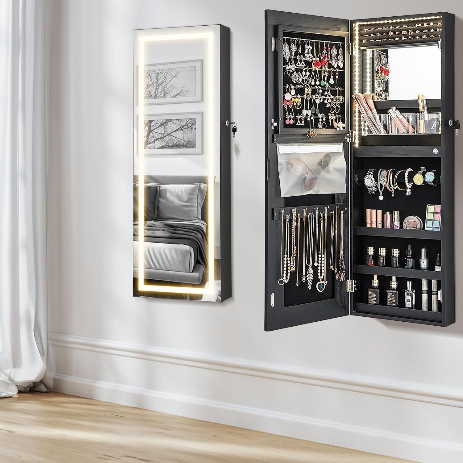 Black LED Wall Hanging Jewelry Cabinet Mirror Lockable 3-Color Light Storage