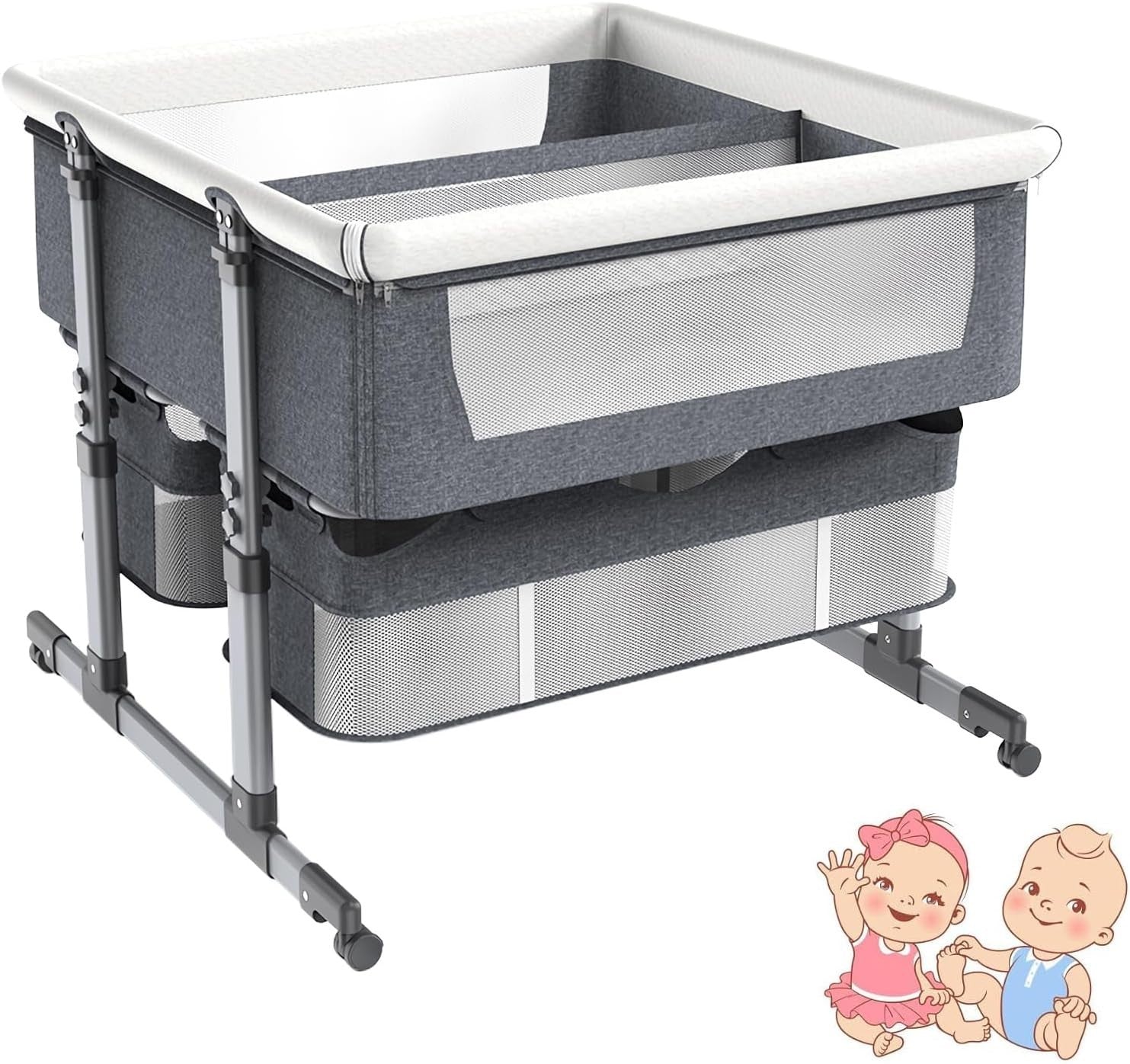 Twin Baby Crib Bassinet Adjustable Bedside Cot with Storage & Mattress Grey