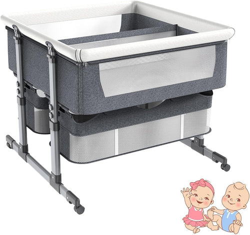 Twin Baby Crib Bassinet Adjustable Bedside Cot with Storage & Mattress Grey