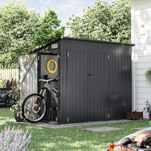 Aoxun 8x4ft Metal Garden Shed Black Pent Roof Outdoor Storage Bike Shed