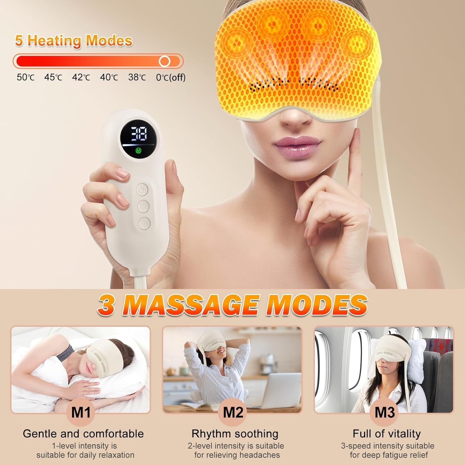 360° Electric Head Massager with Heat Eye Compress Migraine Relief Sleep Aid