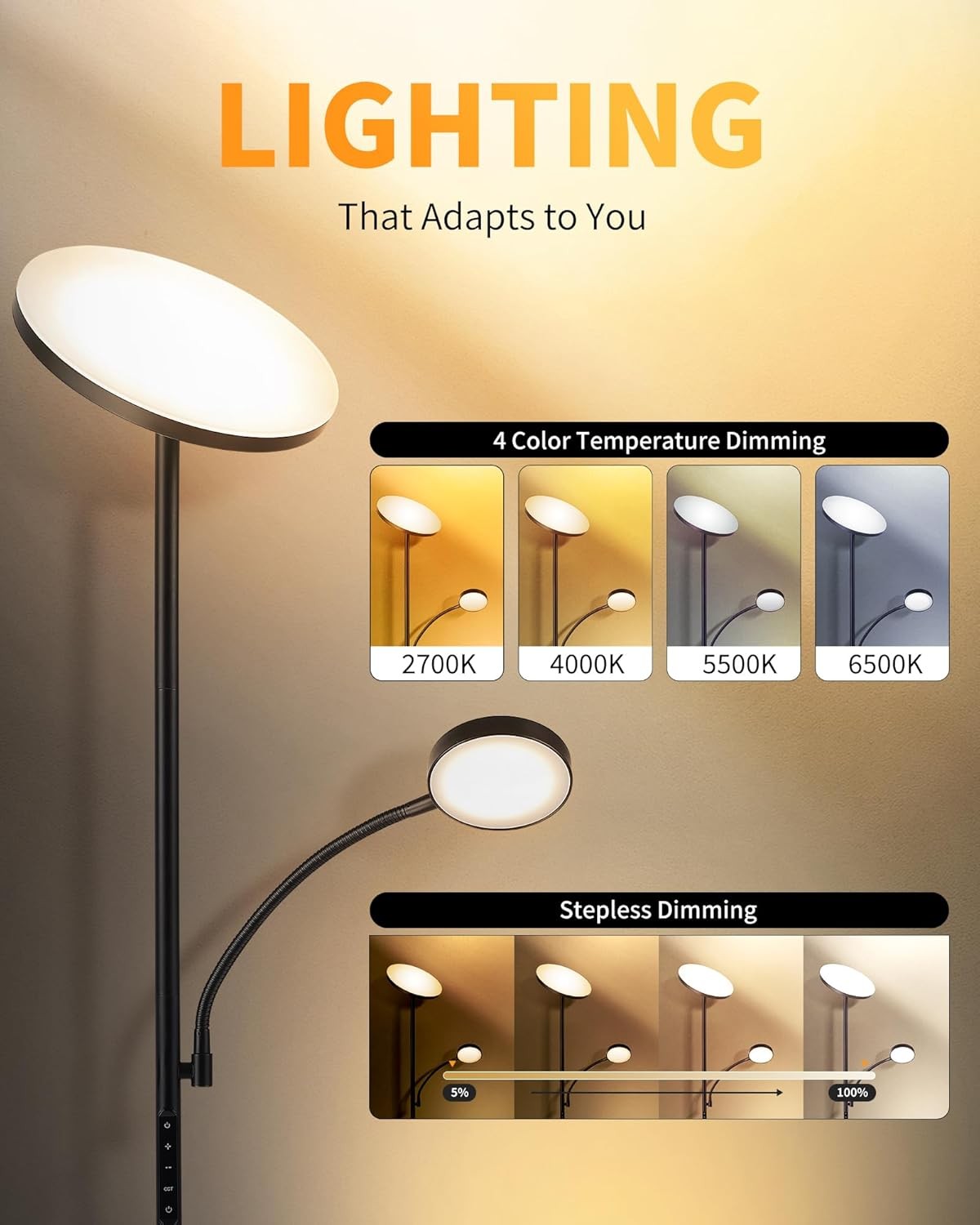 LED Floor Lamp with Shelf 42W Dimmable Uplighter Remote Control Corner Light