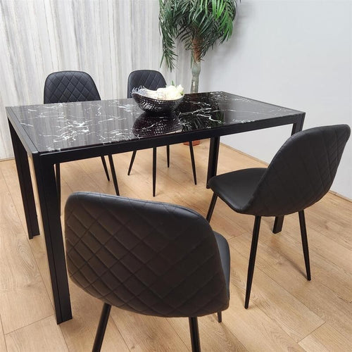 Black Marble Dining Table Set with 4 Leather Chairs Glass Top Kitchen