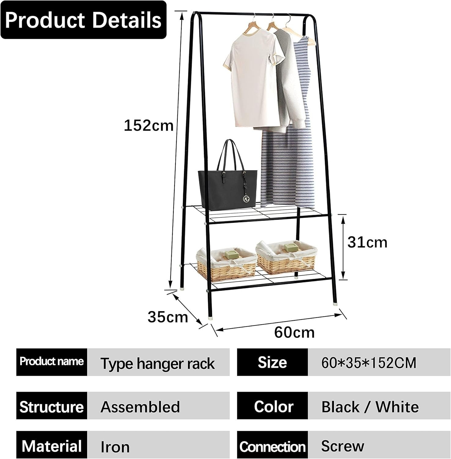 Black Clothes Rail Stand with Metal Shelf 1.5m Space Saver