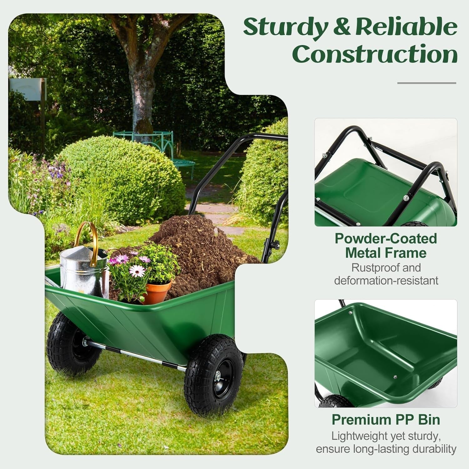 80L 2-Wheel Garden Wheelbarrow Green – Foldable Handle w/ Pneumatic Tyres 100kg