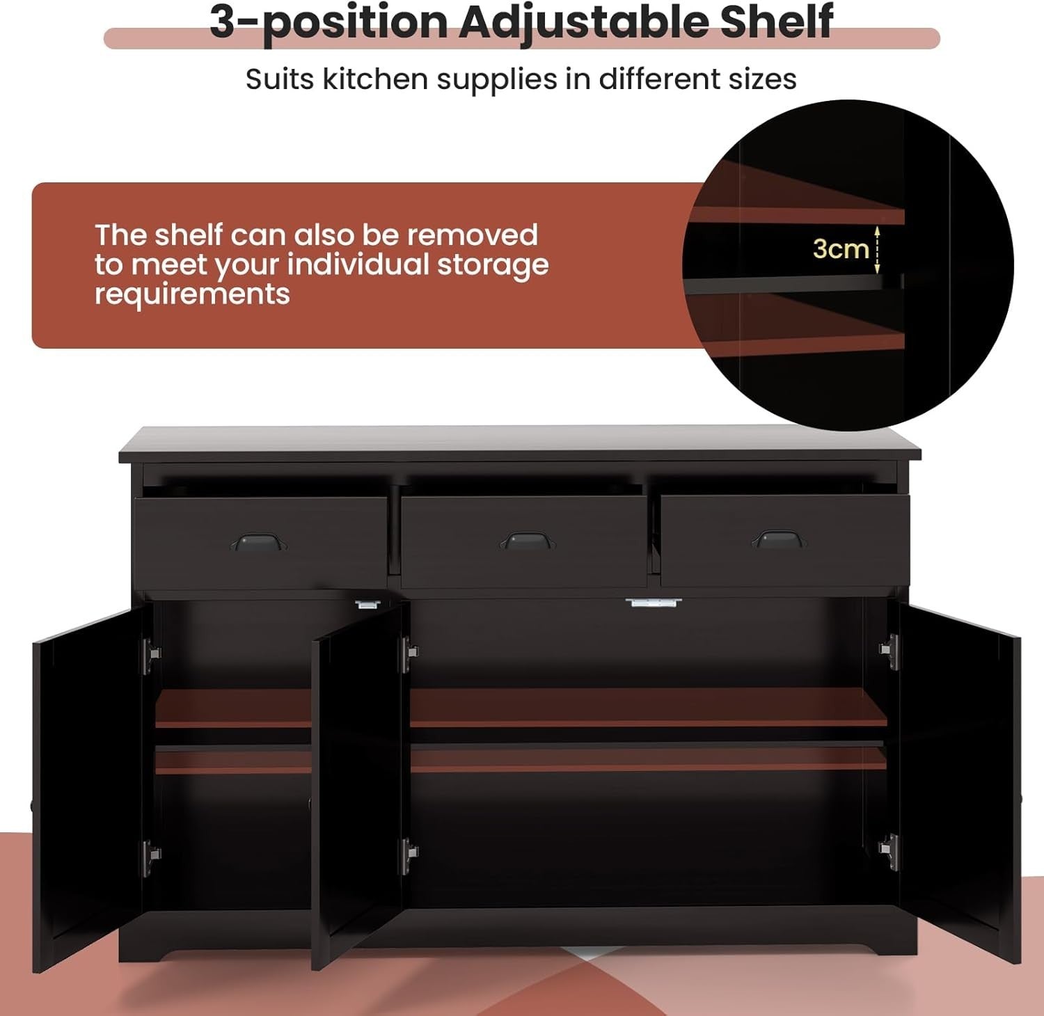 Dark Brown Sideboard Storage Cabinet with Drawers & Adjustable Shelf