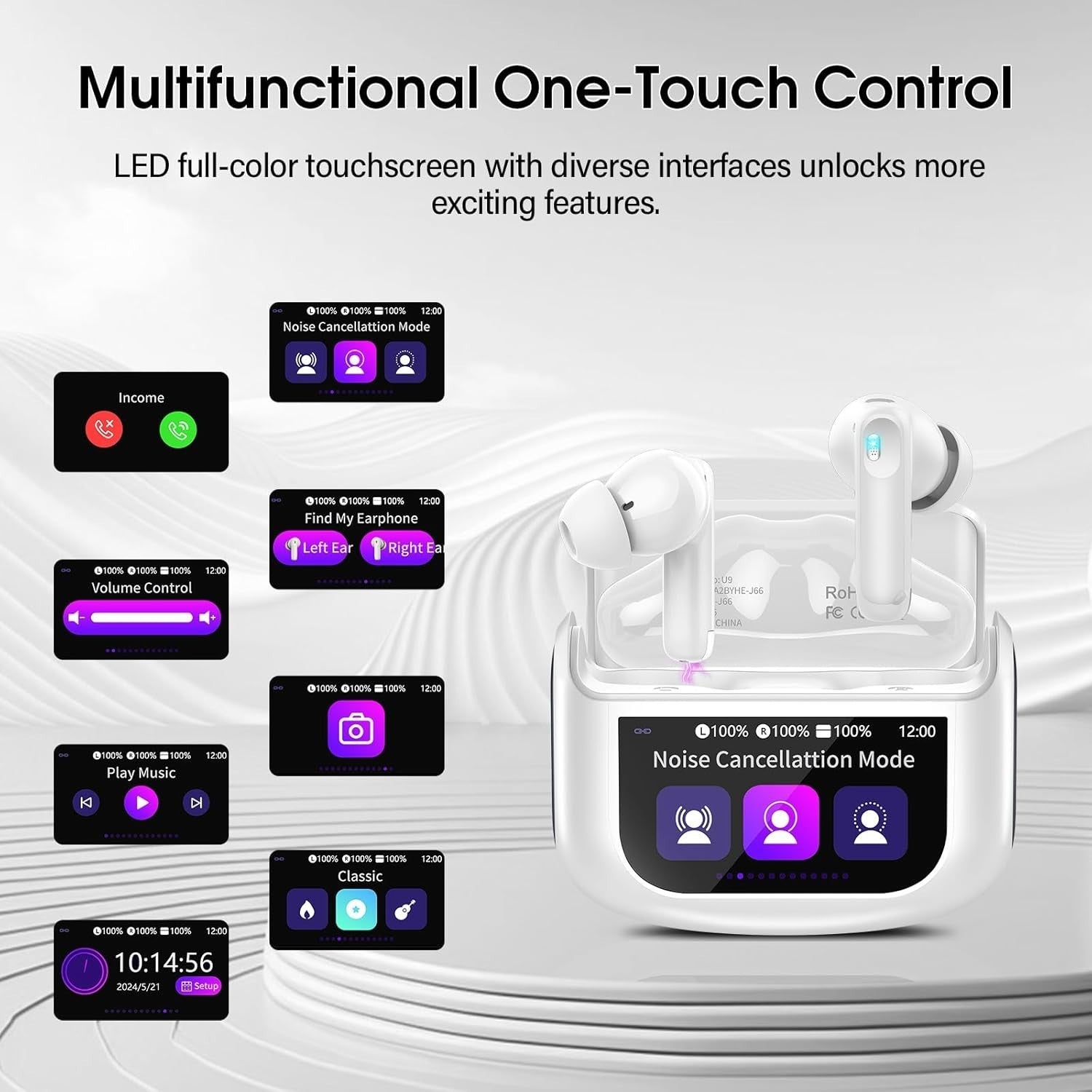 Wireless Earbuds Bluetooth 5.4 ANC Headphones Smart LED Touch Screen 40H White