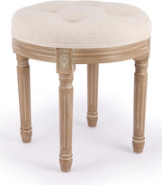 Beige French Vintage Round Ottoman Stool – Tufted 45cm Vanity Seat