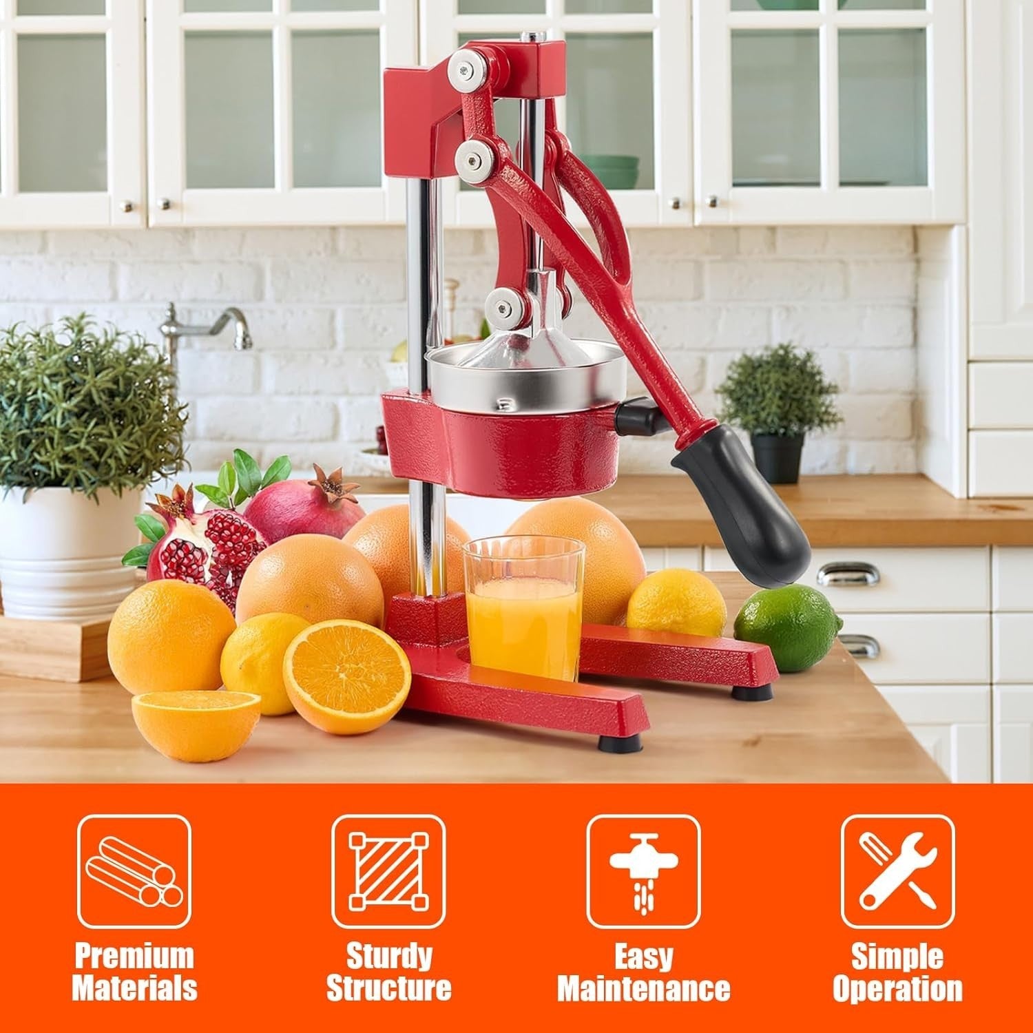 Professional Manual Citrus Juicer Cast Iron High Yield Easy Clean Red