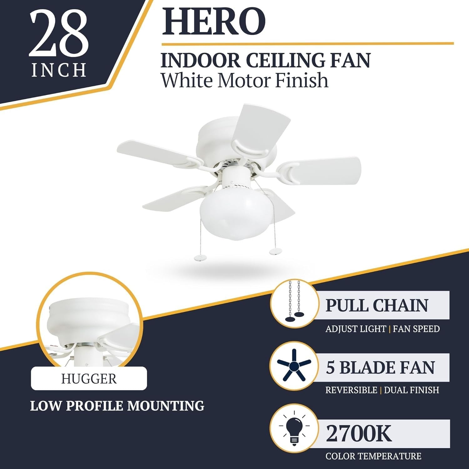 Prominence Home Hero 28" Ceiling Fan with Light, Reversible Blades, White