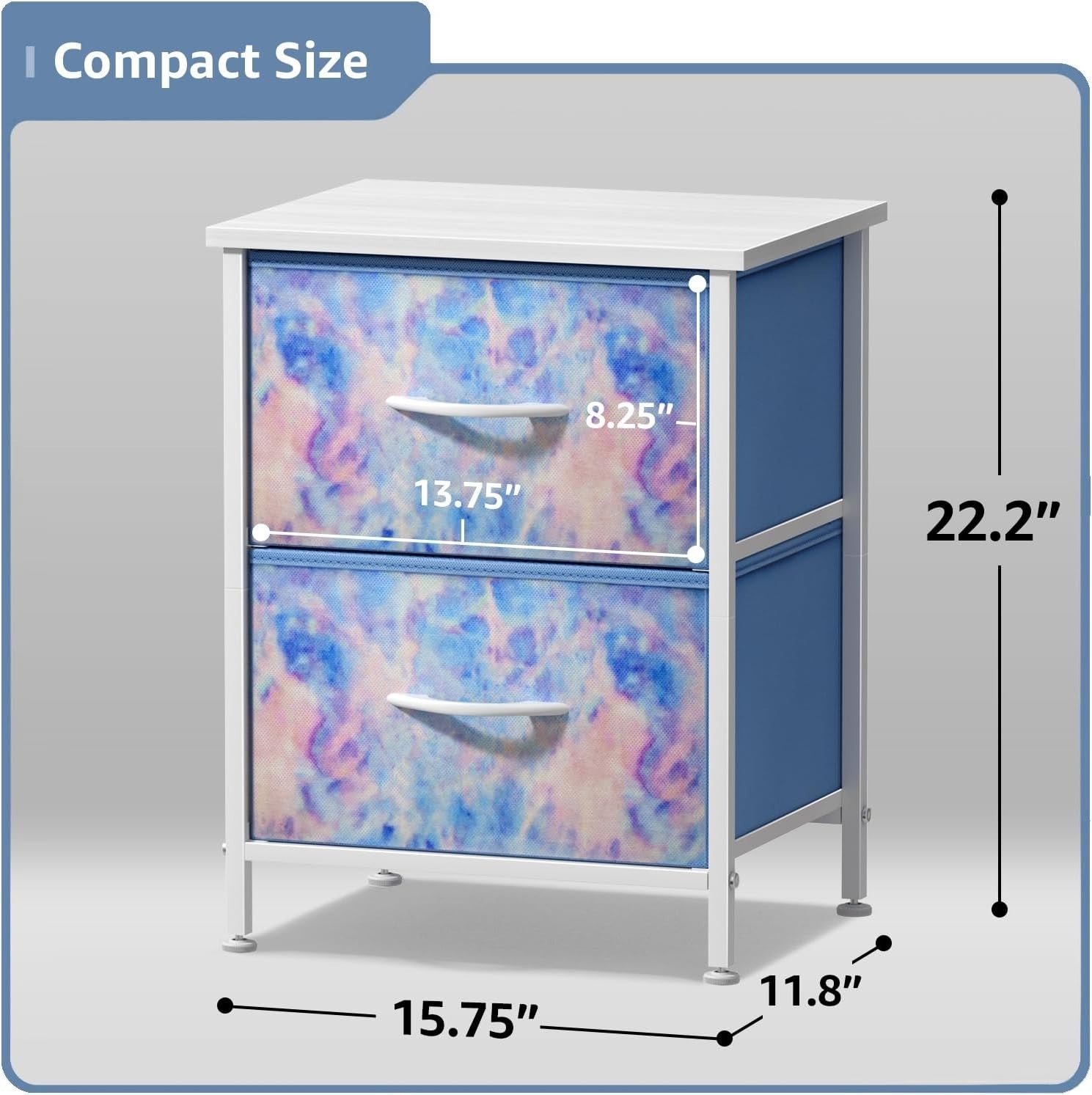 2x Kids 2-Drawer Nightstand Fabric Storage Chest Bedside Table Blue Tie-Dye