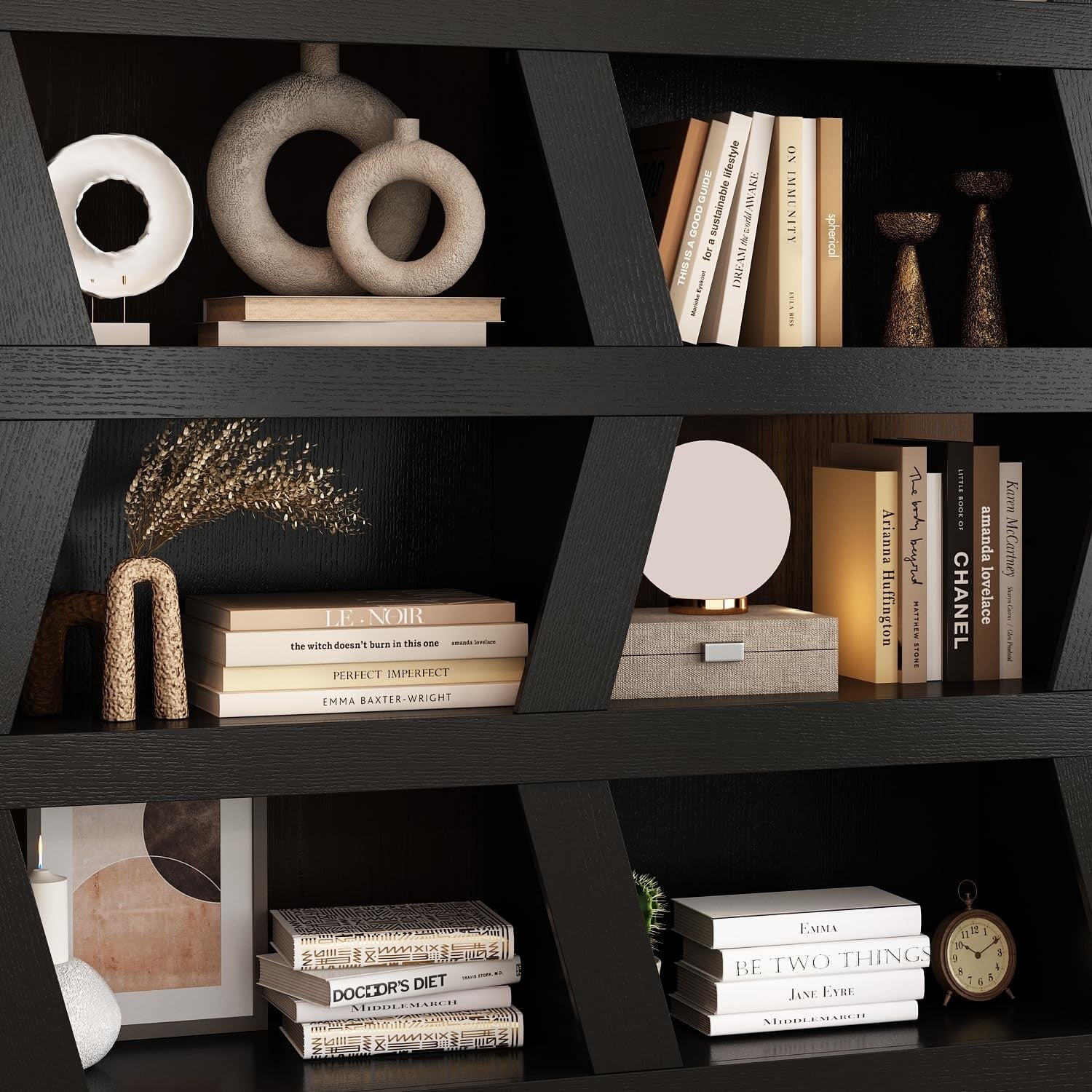 Modern Black Wave Bookcase with 10 Shelves Freestanding Display Unit