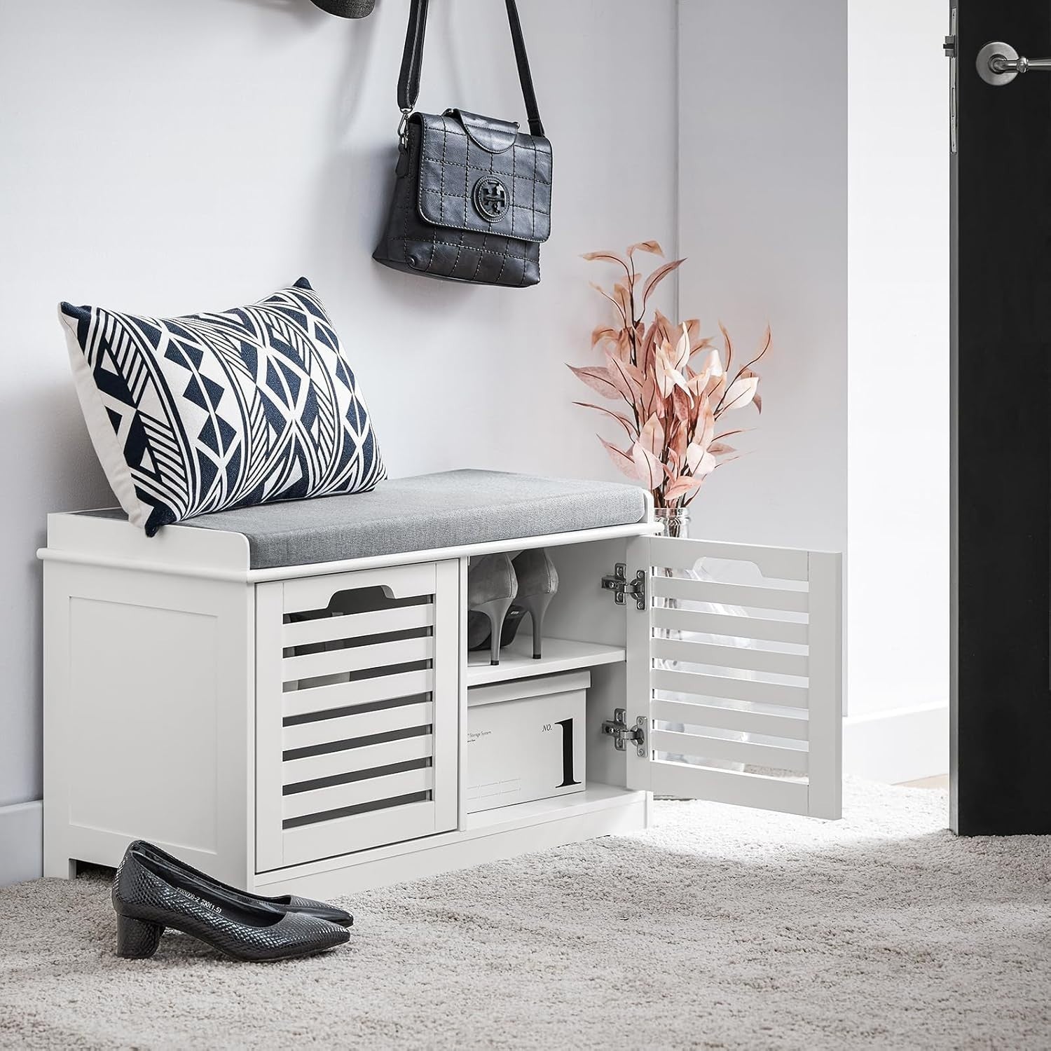 White Shoe Storage Bench with Cushion | 2 Door Hallway Seat Cabinet Unit