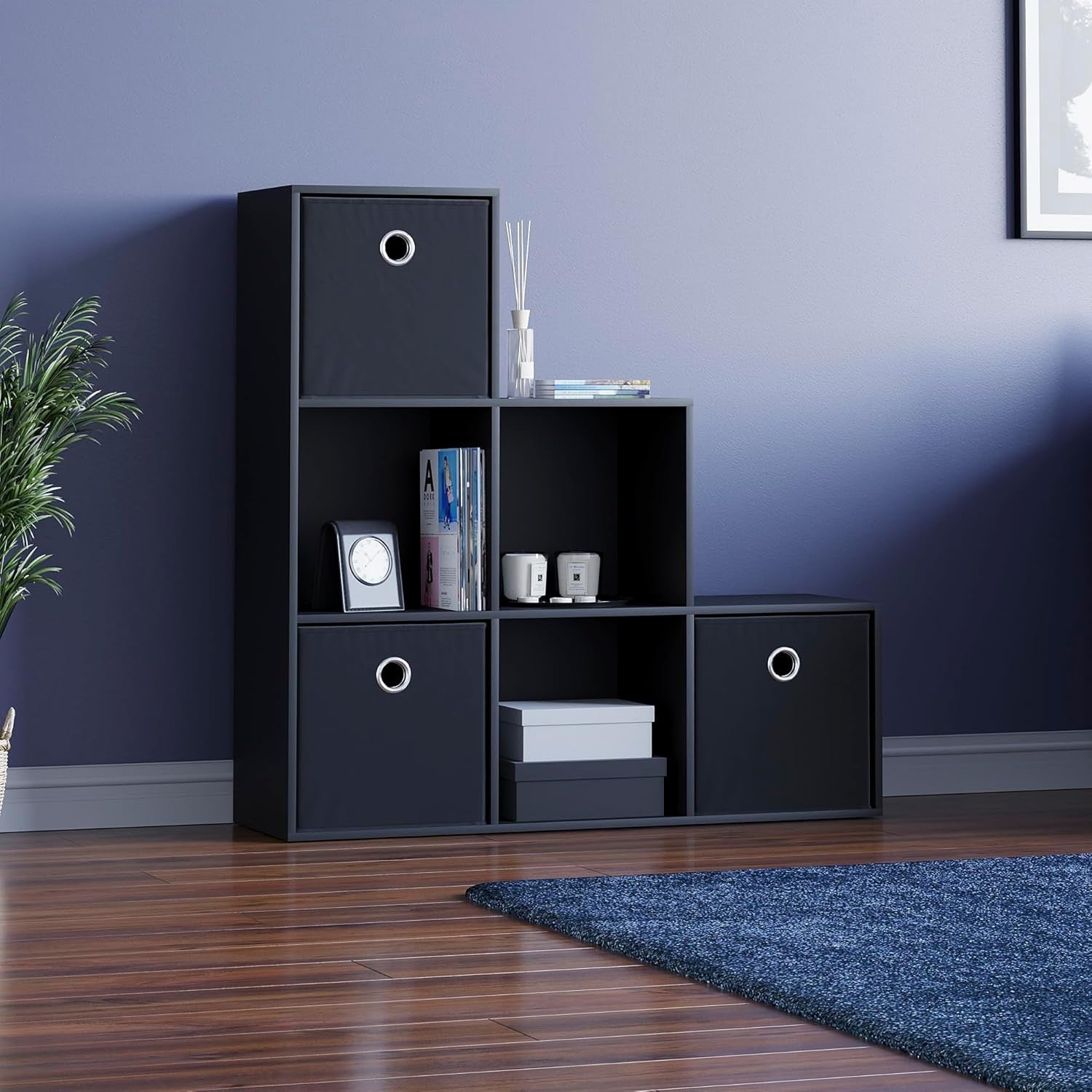6 Cube Black Staircase Bookcase with 3 Baskets – Sturdy Storage Organizer